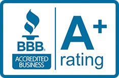 A blue and white logo showing "BBB Accredited Business" on the left with a torch symbol, and "A+ rating" on the right, indicating a high business accreditation rating.