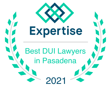 Award badge with laurel design, text reads: "Expertise Best DUI Lawyers in Pasadena 2021.