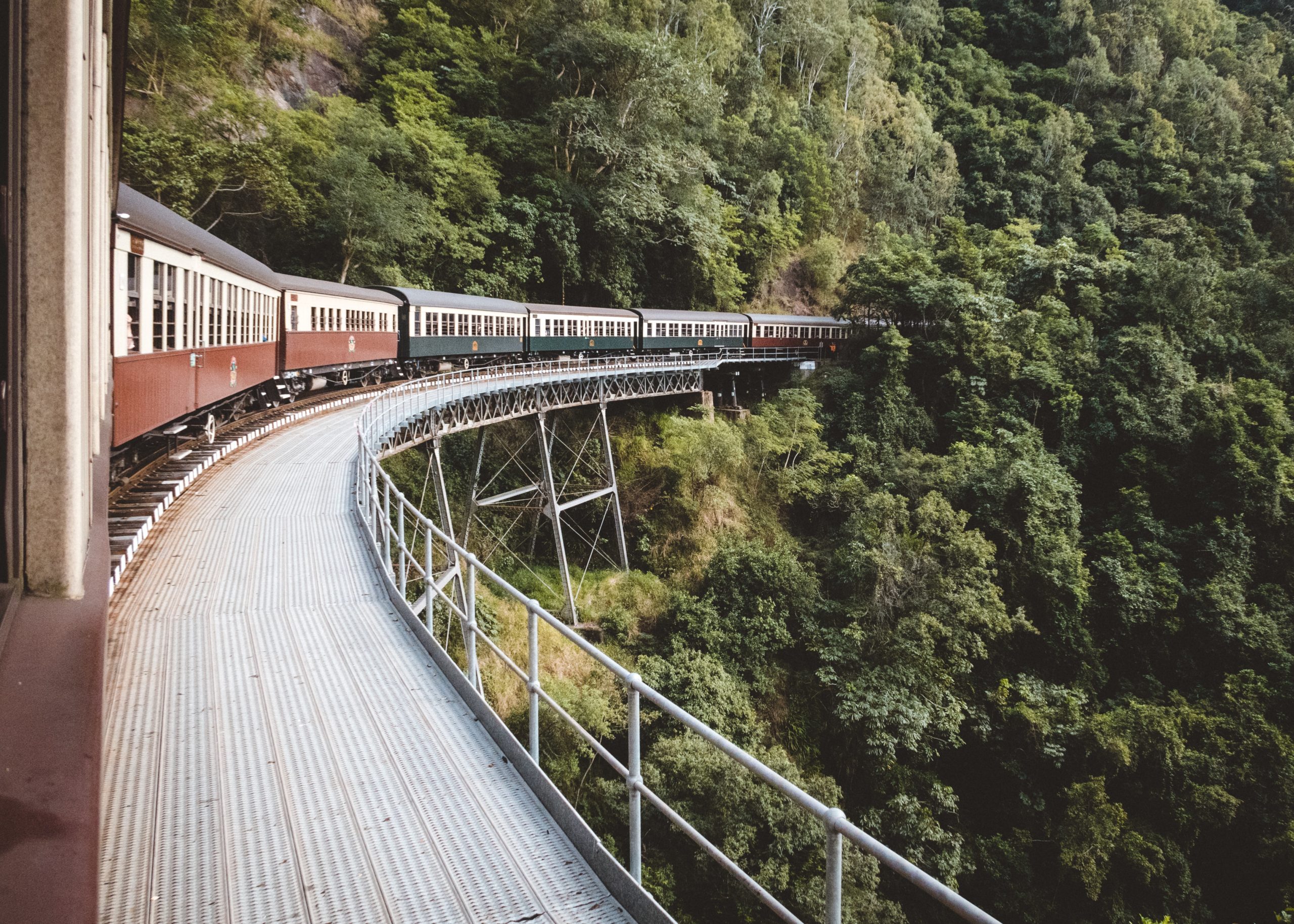 A train glides gracefully over a scenic, curved trestle bridge in Texas, surrounded by lush green forest. The view from the side captures the metal tracks and dense vegetation below, reminding travelers what to know about the beauty and history juxtaposed with past train accidents.