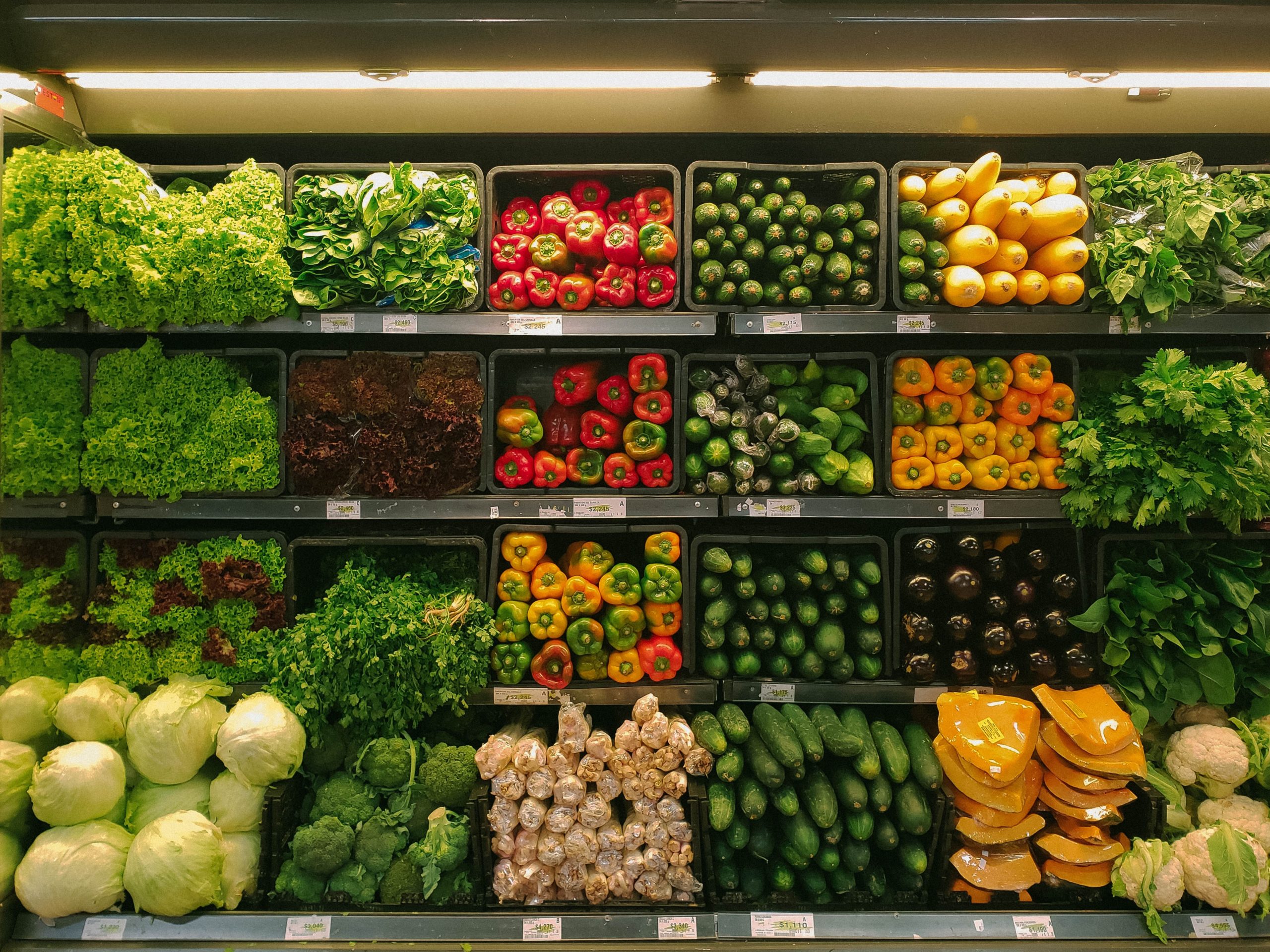 A grocery store produce display in Texas features neatly arranged vegetables: leafy greens, bright red and orange bell peppers, zucchini, cucumbers, eggplants, squash, and cabbages. Emphasizing supermarket safety, the vibrant assortment is meticulously organized on shelves to prevent accidents.