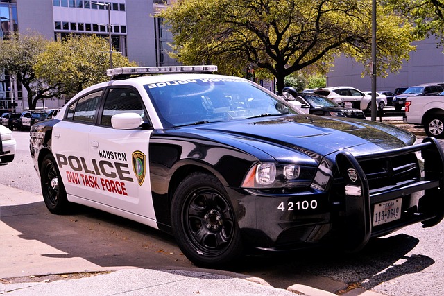 A black and white Houston Police car labeled 