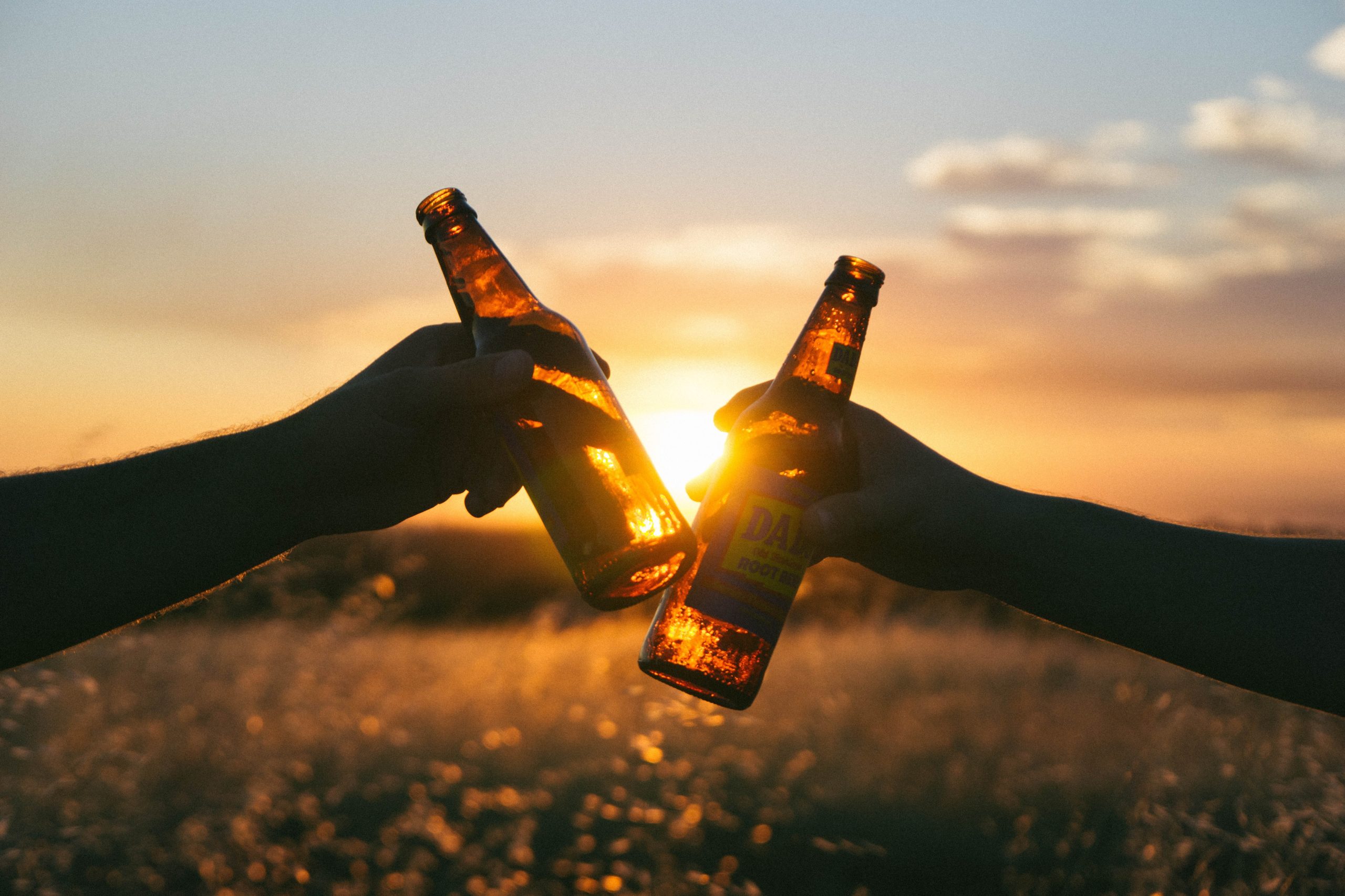 Two silhouetted hands clink beer bottles against a vibrant Texas sunset. The sun's golden light creates a warm glow through the bottles, set in an open field with a clear sky, reminding all to celebrate responsibly amidst ever-important DUI laws.