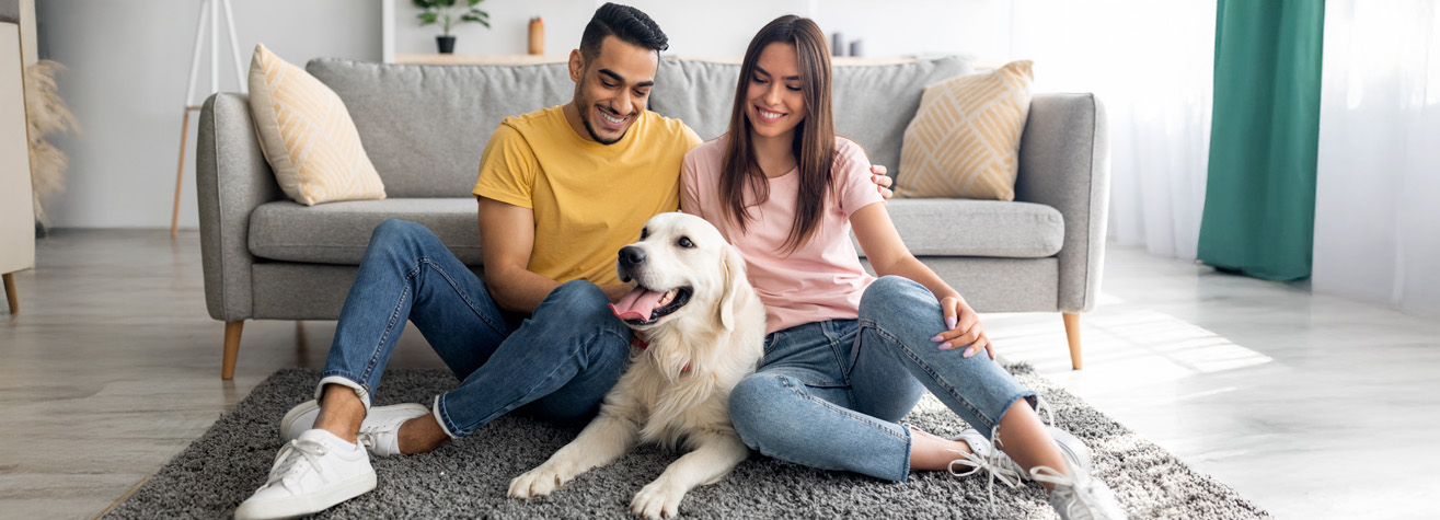 A couple sits on a gray carpet in a living room, smiling and petting a large, fluffy white dog. A gray sofa with patterned pillows is in the background, and the room is bright and cozy. Both are wearing casual clothes.