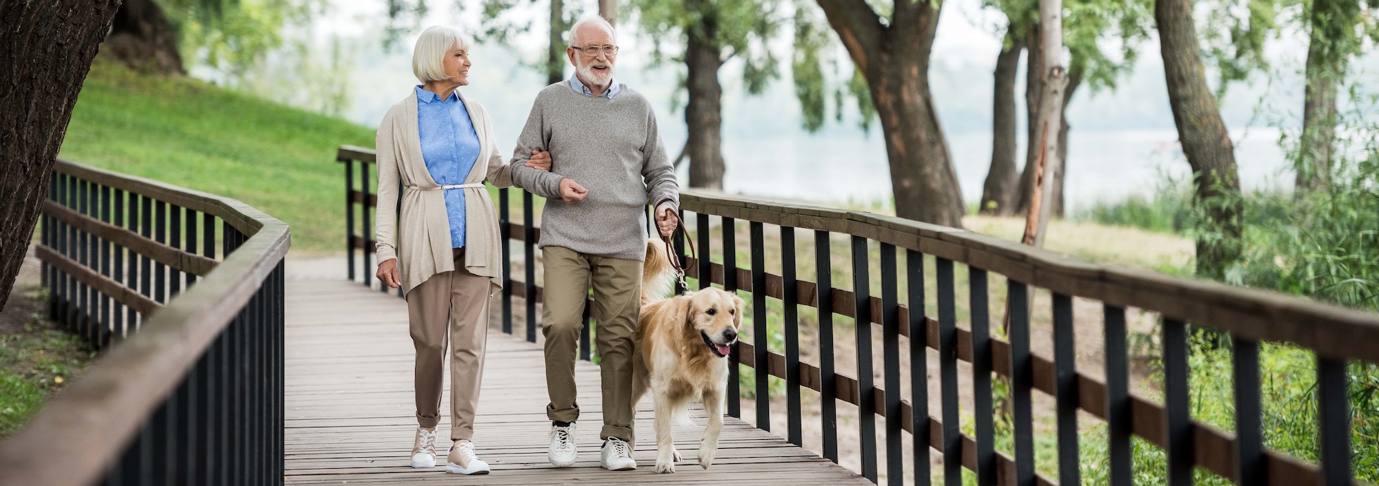 An elderly couple walks arm in arm with a golden retriever on a wooden path in a scenic park. They are surrounded by greenery and trees, with a water body visible in the background. Both appear relaxed and happy.