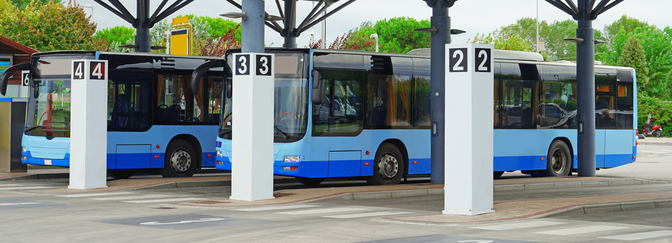 Two blue buses parked at a bus station with numbered white pillars. The buses are at terminals 33, 44, and 22, surrounded by trees and a clear sky.