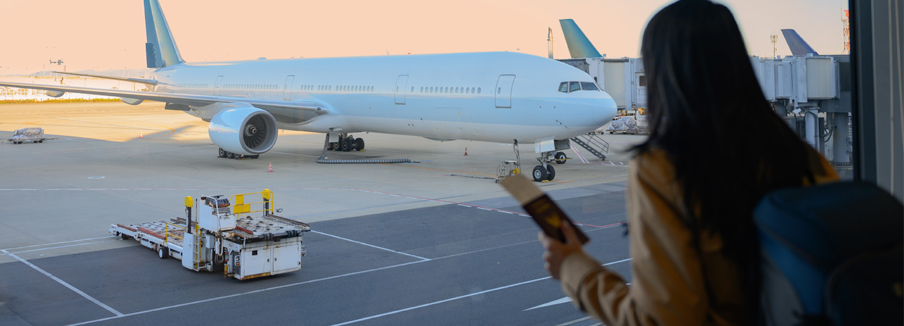 A person with long hair stands at an airport window, holding a boarding pass and passport. They look at a large airplane parked at the gate with jet bridges attached. The tarmac is clear, and light illuminates the scene.