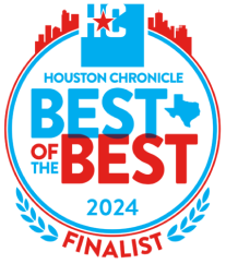 Circular badge with a city skyline, star, Texas shape, and laurel branches, reading 