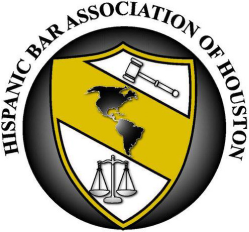 Logo of the Hispanic Bar Association of Houston featuring a gold and black shield with a gavel, scales of justice, and a map of the Americas—representing Personal Injury & Criminal Defense Attorneys. The organization's name forms a circle around the shield.