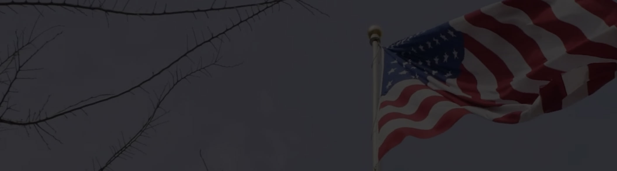 An American flag waves on a flagpole against a dark, cloudy sky, with bare tree branches visible in the upper left corner—a scene that might resonate with a dedicated Criminal Defense Attorney seeking justice.