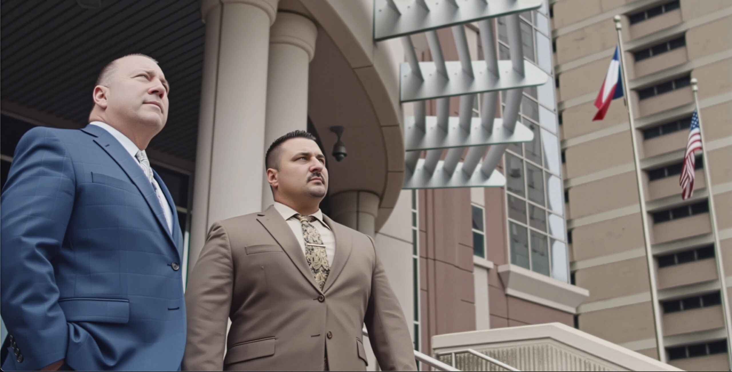 Two men in suits, likely defense attorneys, stand confidently in front of a large building with columns and flagpoles displaying the Texas and U.S. flags. The upward view emphasizes their presence and the importance of skilled criminal defense.